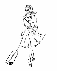Traveler lady vector hand drawing, black contour isolated on white background