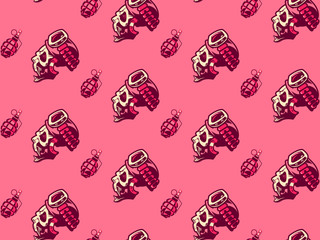 Vector skull emblem in the helmet on a pink background. Grenade F1 alternates with the skull. Seamless vector background for printing on paper, textiles, clothing. Wallpaper.