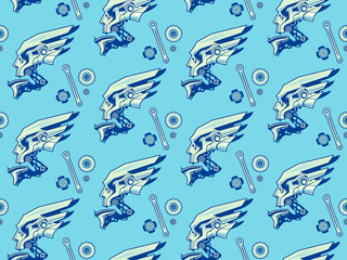 Fototapeta na wymiar Background for gift wrapping. Vector skull mechanic on a blue background. Keys and gear alternates with the skull. Seamless vector background for printing on paper, textiles clothing Wallpaper texture