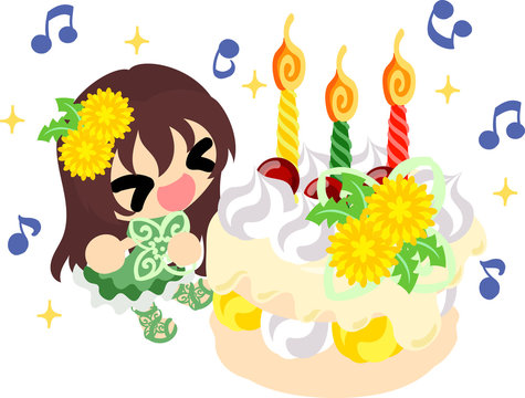 Illustration of a cute girl and a birthday cake
