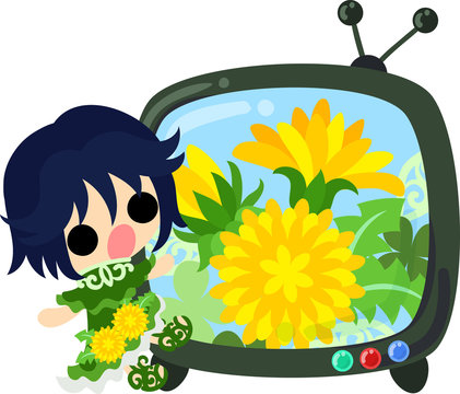 Illustration of a cute girl and a television program of dandelion
