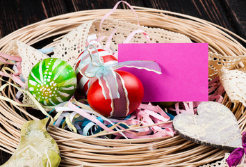 Fototapeta na wymiar Easter eggs on wood desk