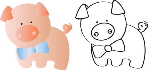 drawing of a cartoon cute toy baby pig - in color and line art