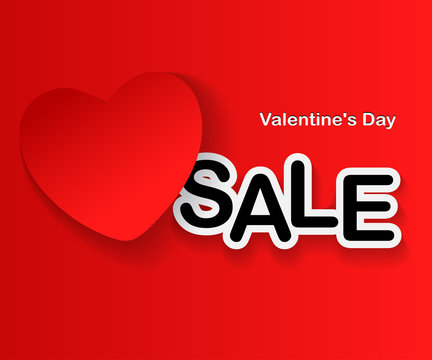Valentine's Day Sale, red Heart and text on red background. Vector illustration.