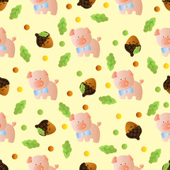 Fototapeta premium seamless pattern with toy baby deer and green leaves on a light yellow background