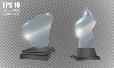 Set Of Glass Trophy Award. Vector illustration isolated on transparent background