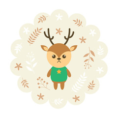 deer , reindeer. vector illustration cartoon , mascot. funny and lovely design. cute animal on a floral background. little animal in the children's book character style.