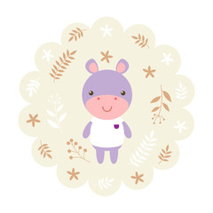 hippo , hippopotamus. vector illustration cartoon , mascot. funny and lovely design. cute animal on a floral background. little animal in the children's book character style.