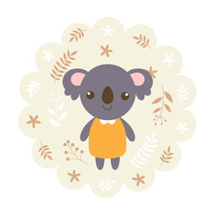 koala bear. vector illustration cartoon , mascot. funny and lovely design. cute animal on a floral background. little animal in the children's book character style.