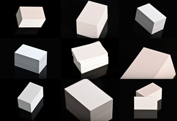 Obraz premium 9 White Business Cards, flyer or banner Mockup set pack. Blank empty templates of paper cards on black background.