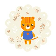 tiger. vector illustration cartoon , mascot. funny and lovely design. cute animal on a floral background. little animal in the children's book character style.