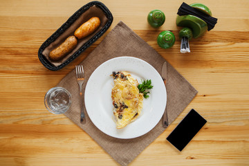 Scrambled eggs with herbs and toast