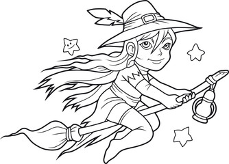 Fototapeta na wymiar cute little witch flying on her broomstick