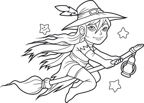 cute little witch flying on her broomstick