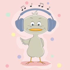 Cute cartoon bird with headphones listening to music.