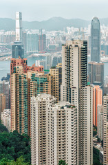 Victoria Harbour urban scenic panoramic vertical landscape with skyscrapers made from Victoria Peak on Hong Kong Island in Hong Kong city at daylight