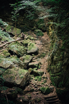 Verfallene Steintreppe im Wald