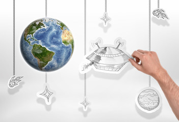 Earth with man's hand holding a picture of big UFO on the white background