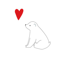 Cute polar bear cub and hand drawn heart. Simple and minimalistic. 