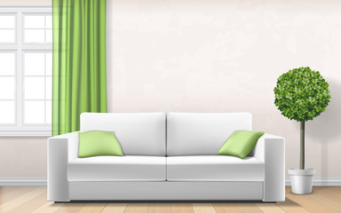 Modern interior with sofa, window and plant on flower pot. Vector realistic illustration.