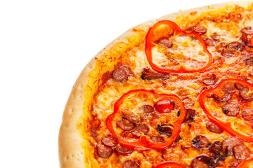 Part of delicious classic italian Pizza with spicy sausages, pepper, garlic and cheese.