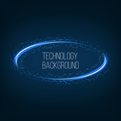 Technology digital background. Glowing neon curves with distorted lines, bright sparkles. Vector illustration