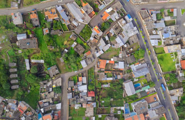 An aerial view of a lush green neighborhood from the top, showcasing tree-lined streets and well-manicured lawns.