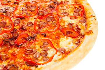 Part of delicious classic italian Pizza with spicy sausages, pepper, garlic and cheese.