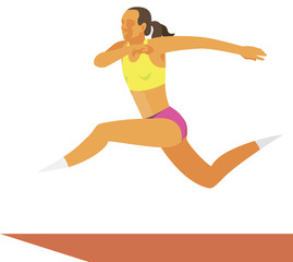 young woman is long jumper carries far jump