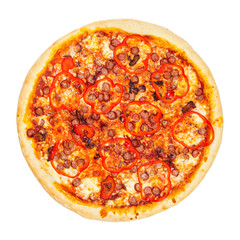 Delicious classic italian Pizza with spicy sausages, pepper, garlic and cheese.