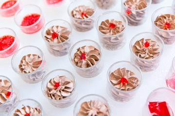 Chocolate Mousse recipes sweet dessert cocktail dinner prepare to serve in glass cup at the hotel.