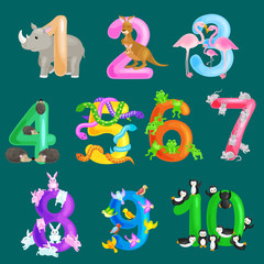Set of ordinal numbers for teaching children counting with the ability to calculate amount animals abc alphabet kindergarten books or elementary school posters collection vector illustration