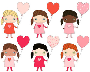 Cute vector hand drawn girls in pink and red with heart shaped balloons