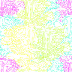 Fototapeta na wymiar Hand drawn mushrooms illustration seamless pattern. Neon colors background.