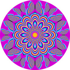 Pink circle with colorful flower and butterflies (motion illusion). Round pattern.