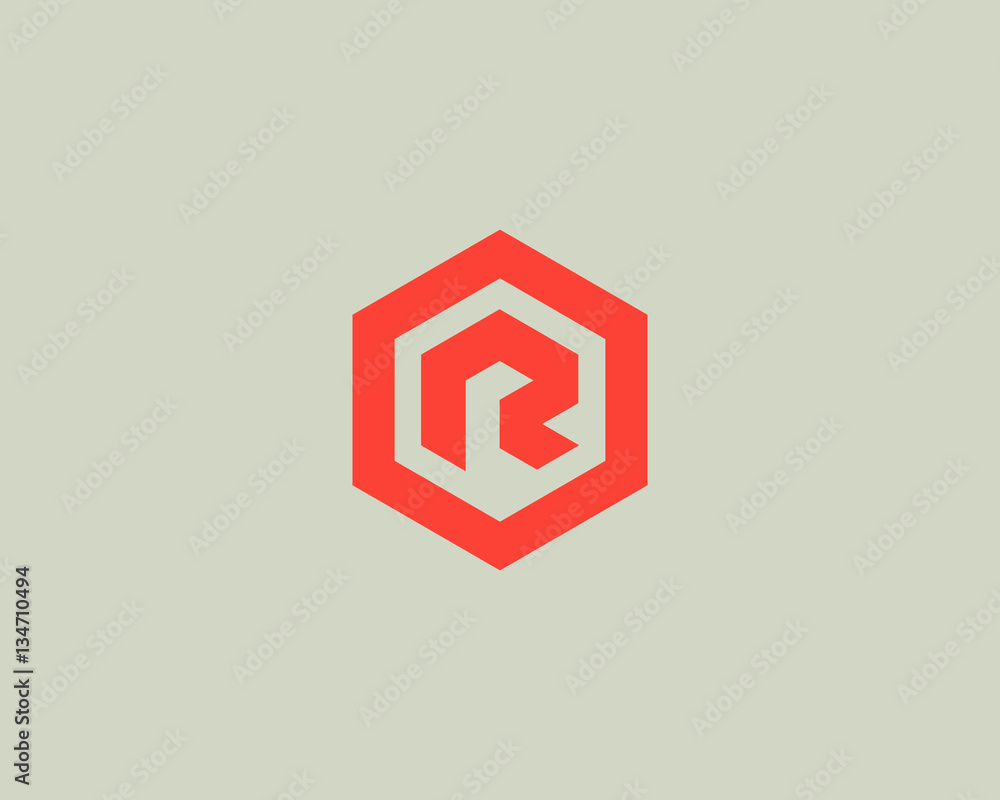 Poster abstract letter r vector logotype. line hexagon creative simple logo design template. universal geom