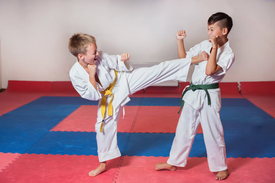 ?hildren demonstrate martial arts working together