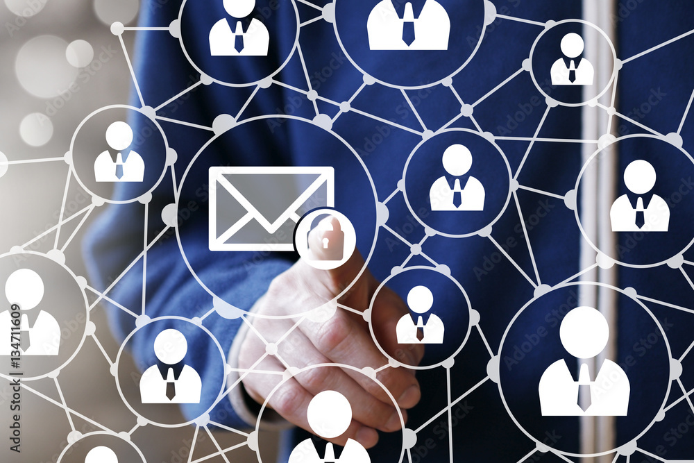 Poster businessman hand press web button email lock security virtual mail communication network