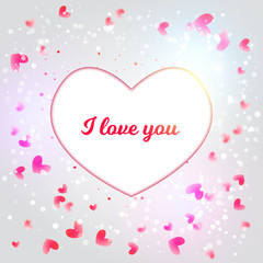 Vector Valentine card with shiny particles and blured background and white heart with I love You for promo, banners.