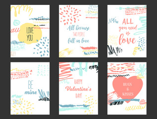 Vector Set of love cards for Happy Valentines day with heart and grunge brushes