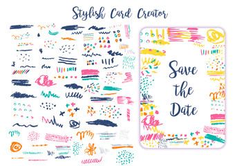 Naklejka premium Grunge artistic brush strokes set for creation Creative design cards, save the date, business cards, promos. Stylish art stains