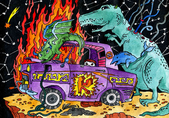 катастрофа, динозавры в космосе нападает на горящий автомобиль