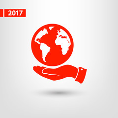 Globe icon with hand, vector illustration. Flat design style