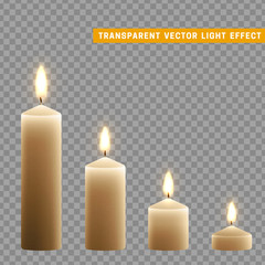 Candles burn with fire realistic. Set isolated on transparent background. Element for design decor, vector illustration