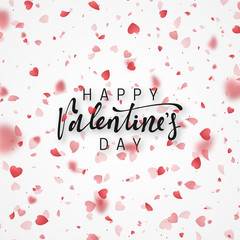 Happy Valentines Day lettering greeting card. Bright red hearts flying in the form of petals on a white background. Pink heart in frame. Festive banner and poster.
