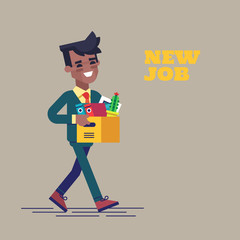 Successful smiling young black man going to the new job with box. Welcome to the new job business concept. New job vector illustration in flat design.
