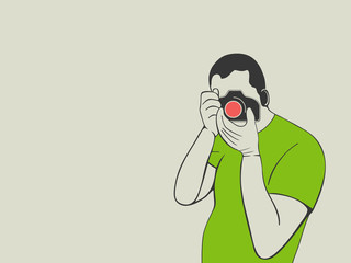 A man with a camera takes a picture or record video. Journalist, blogger or a tourist. Vector illustration. 