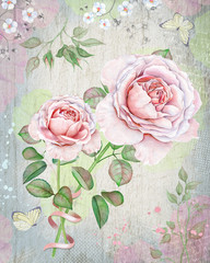 Watercolor vintage pink roses on wooden background