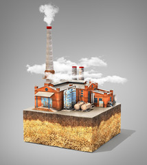 Pollution concept. Factory standing on cross section of ground.