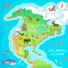 North America Isometric Map with Flora and Fauna.